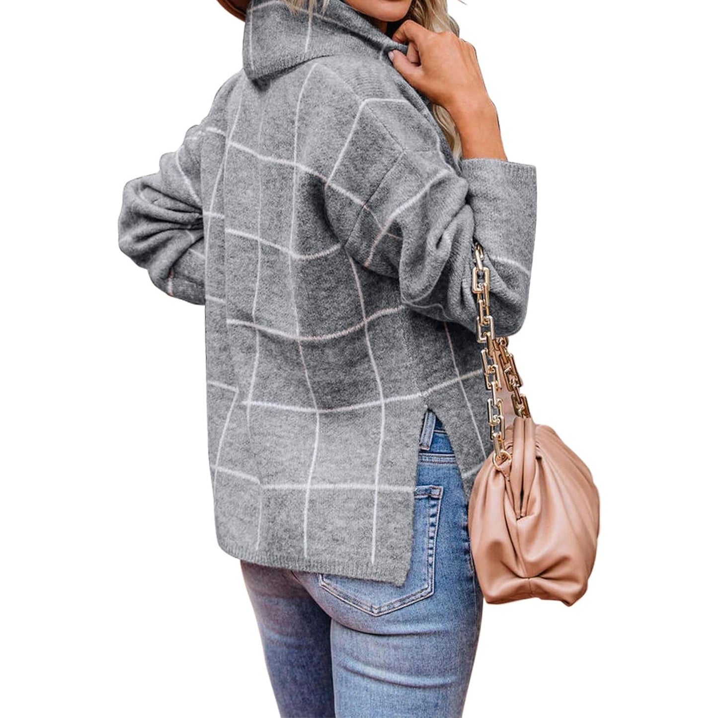 NWT Lumiere Gray & White Windowpane Cowl Neck Sweater S