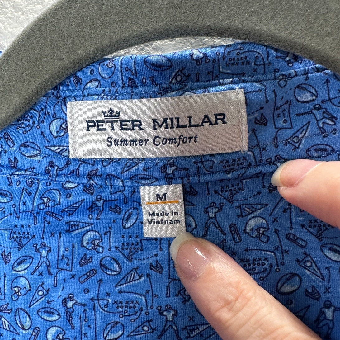 NWT Peter Millar Blue Football Print Short Sleeve Polo Shirt M