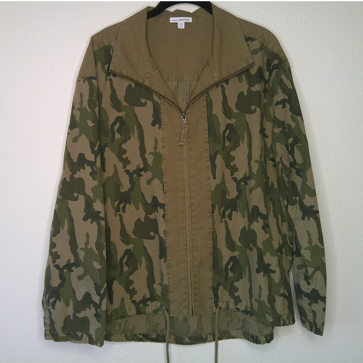 James Perse Army Green Tan Camo Print Zip Band Neck Long Sleeve Jacket 4 / XL