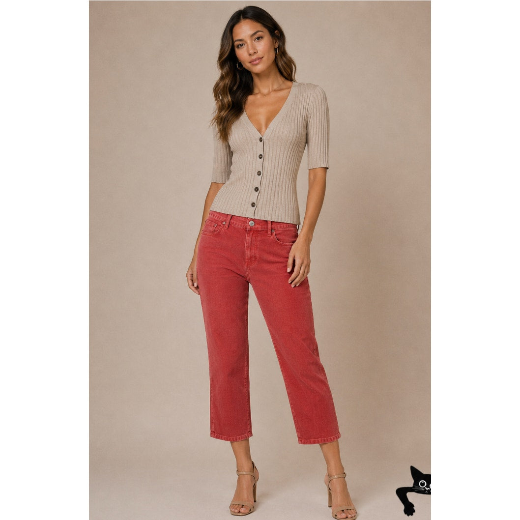 AMO The Chloe Rust Red Corduroy Straight Leg Crop Pant Trousers Washed Red 26