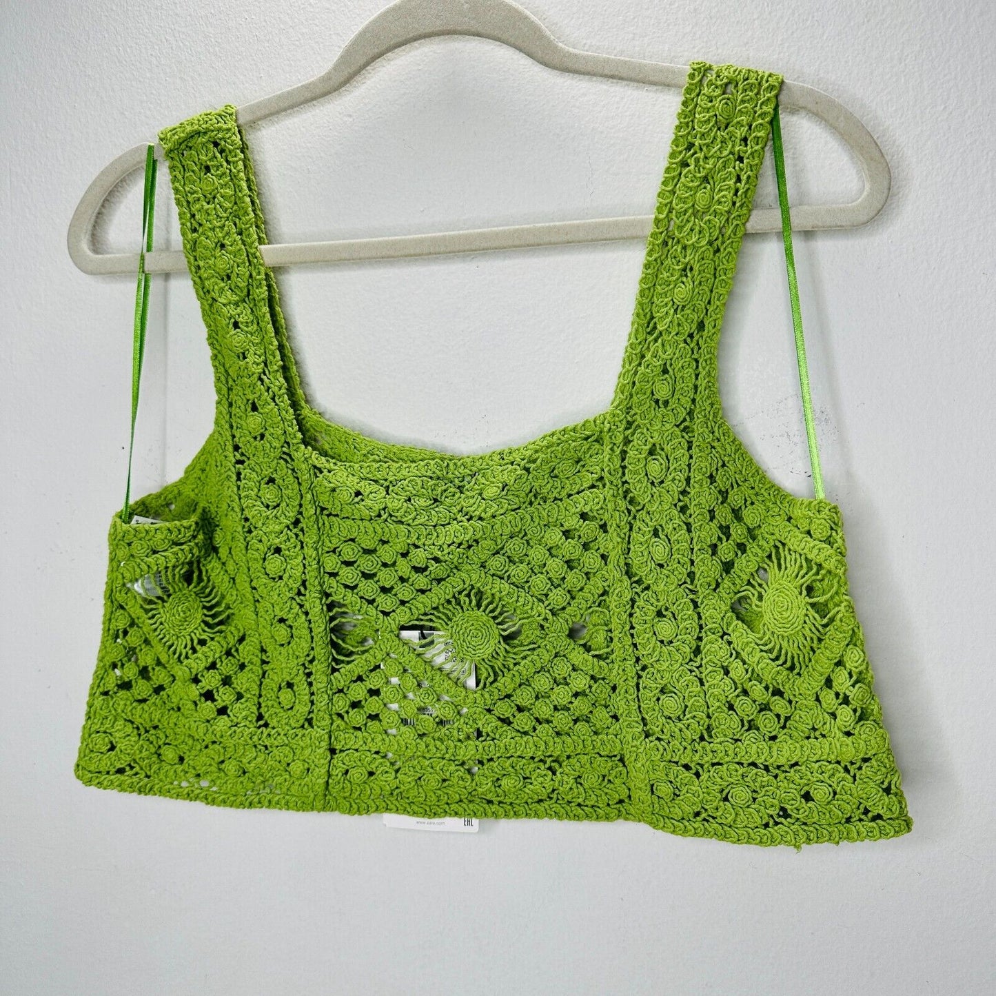 NWT Zara Cute Boho Lime Green Square Neck Boxy Crochet Crop Tank Top Small
