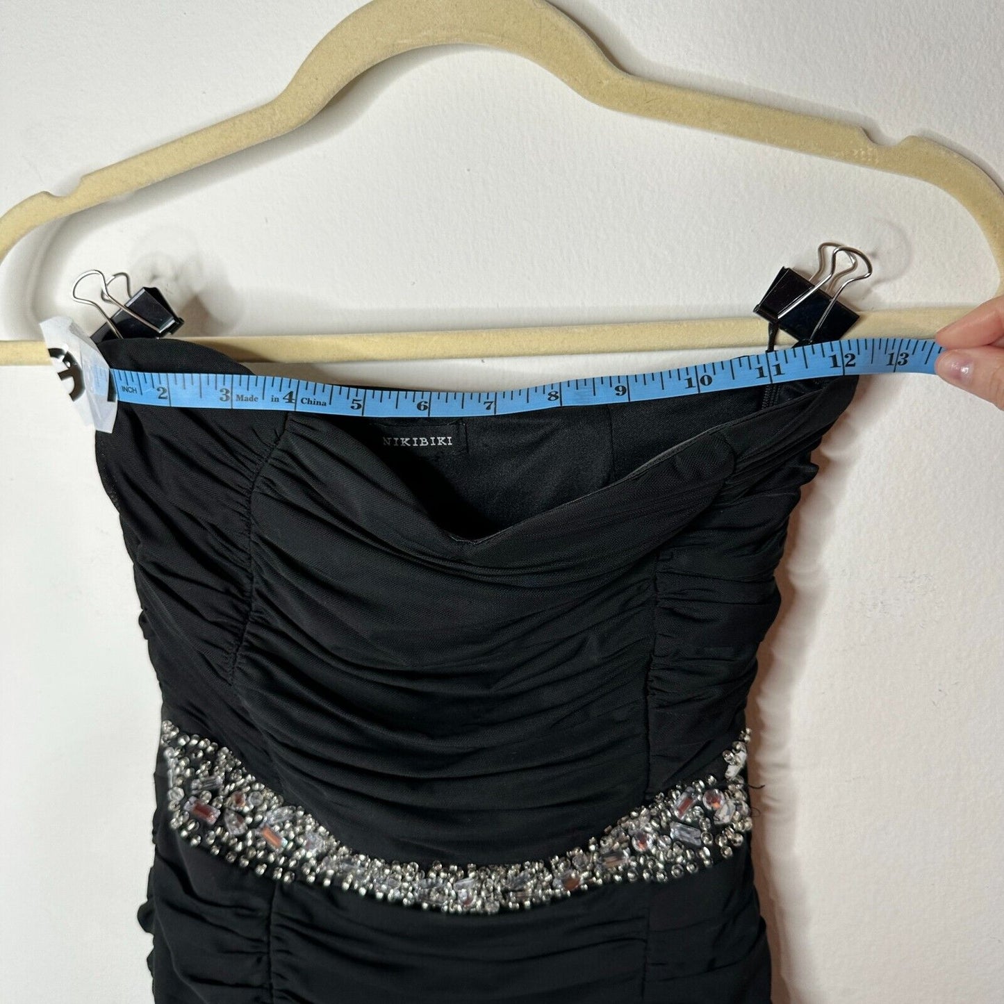 Nikibiki Black Strapless Ruched Bedazzled Rhinestone Front Waist Belt Mini Small
