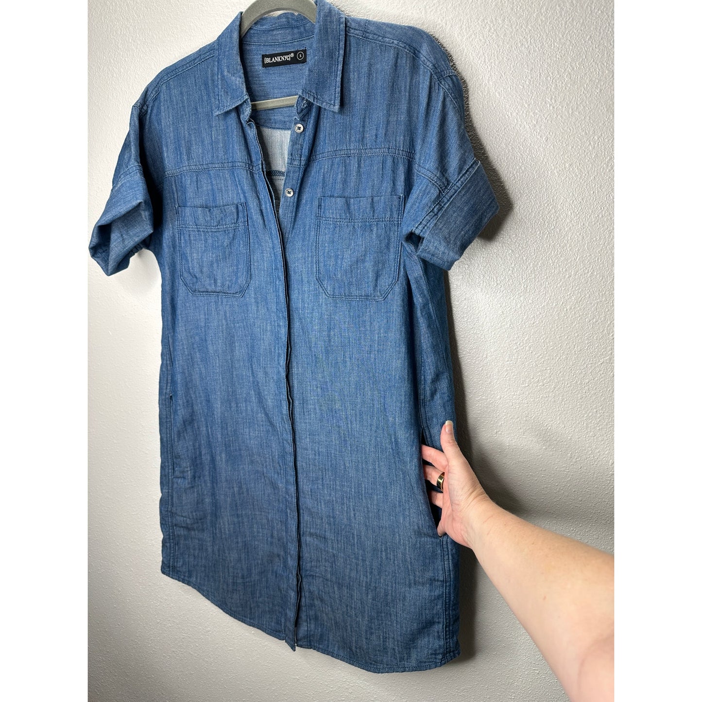 Blank NYC Medium Blue Denim Short Sleeve Pocket Jean Shirt Dress S