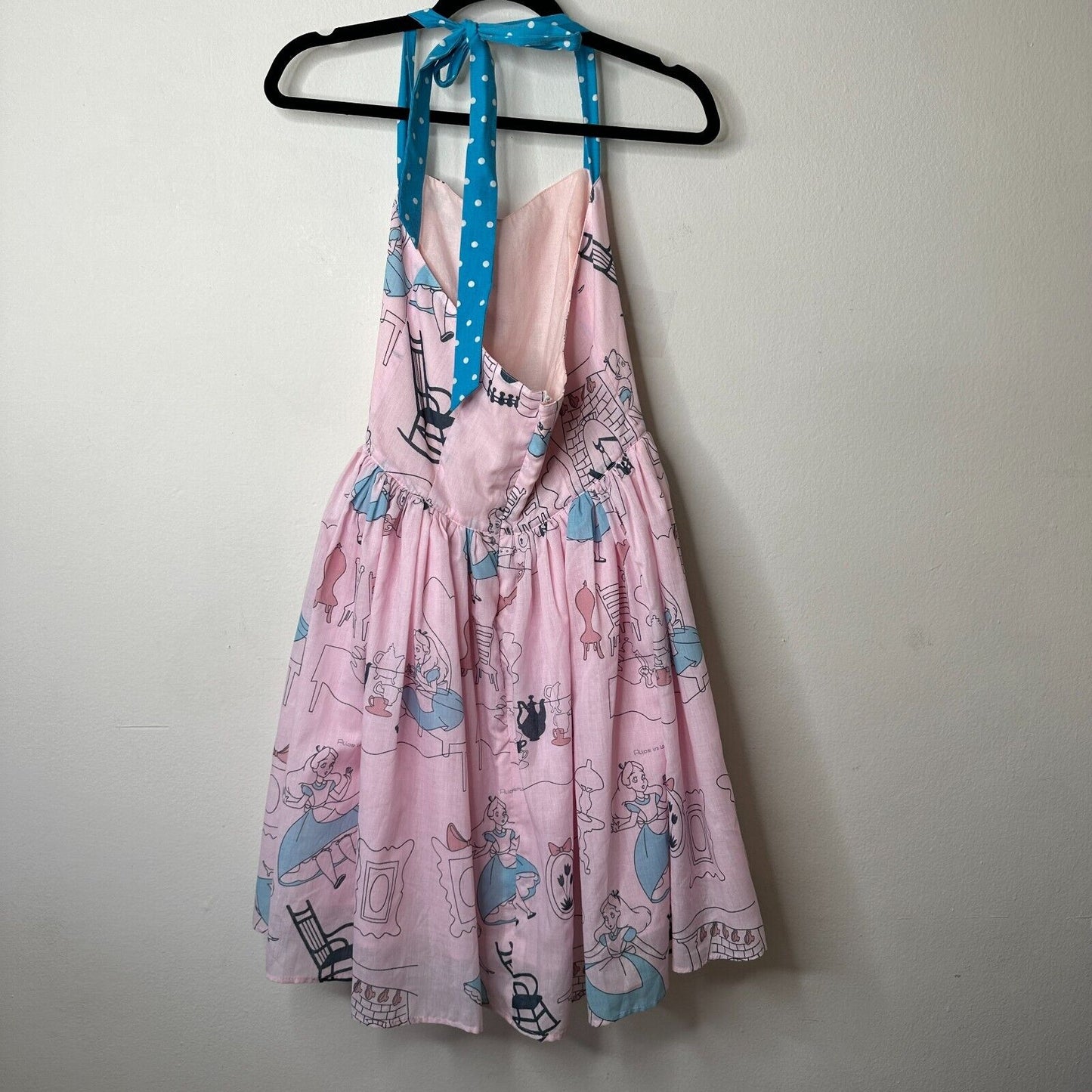 Cute Alice In Wonderland Print Pink & Blue Flowy Halter Top Apron Dress Zip SM