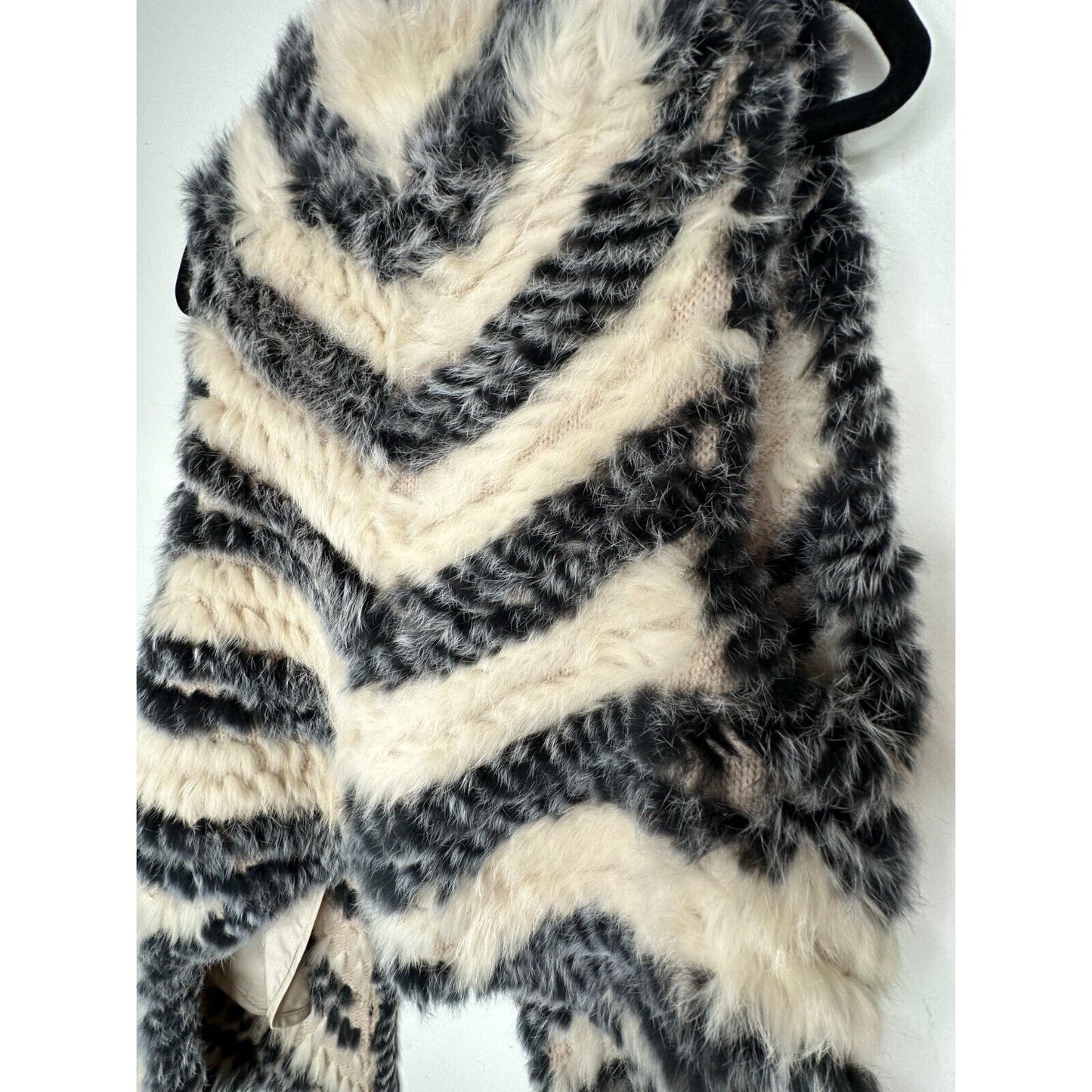 Marc by Marc Jacobs Cream Black Striped Knitted Soft Rabbit Fur Pocket Vest OS