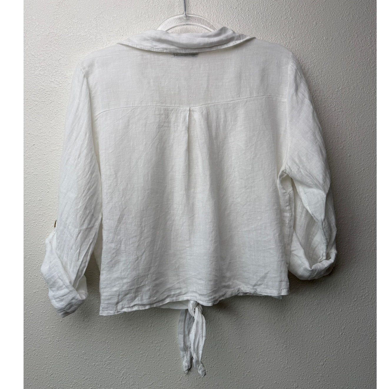 Meo Meli White Linen Button Front Tie Hem Collared Blouse