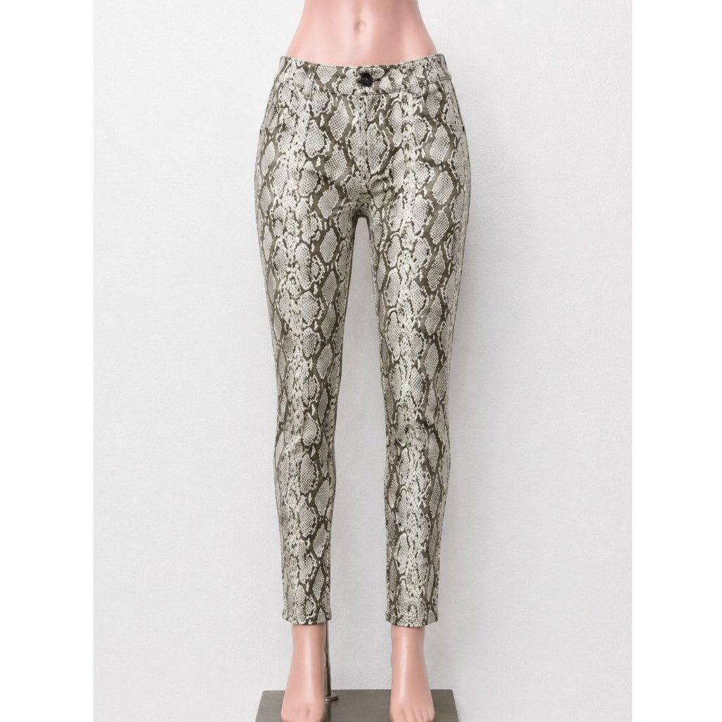 Caribbean Queen Cream & Silver Metallic Snake Print Front Zip Skinny Jegging S