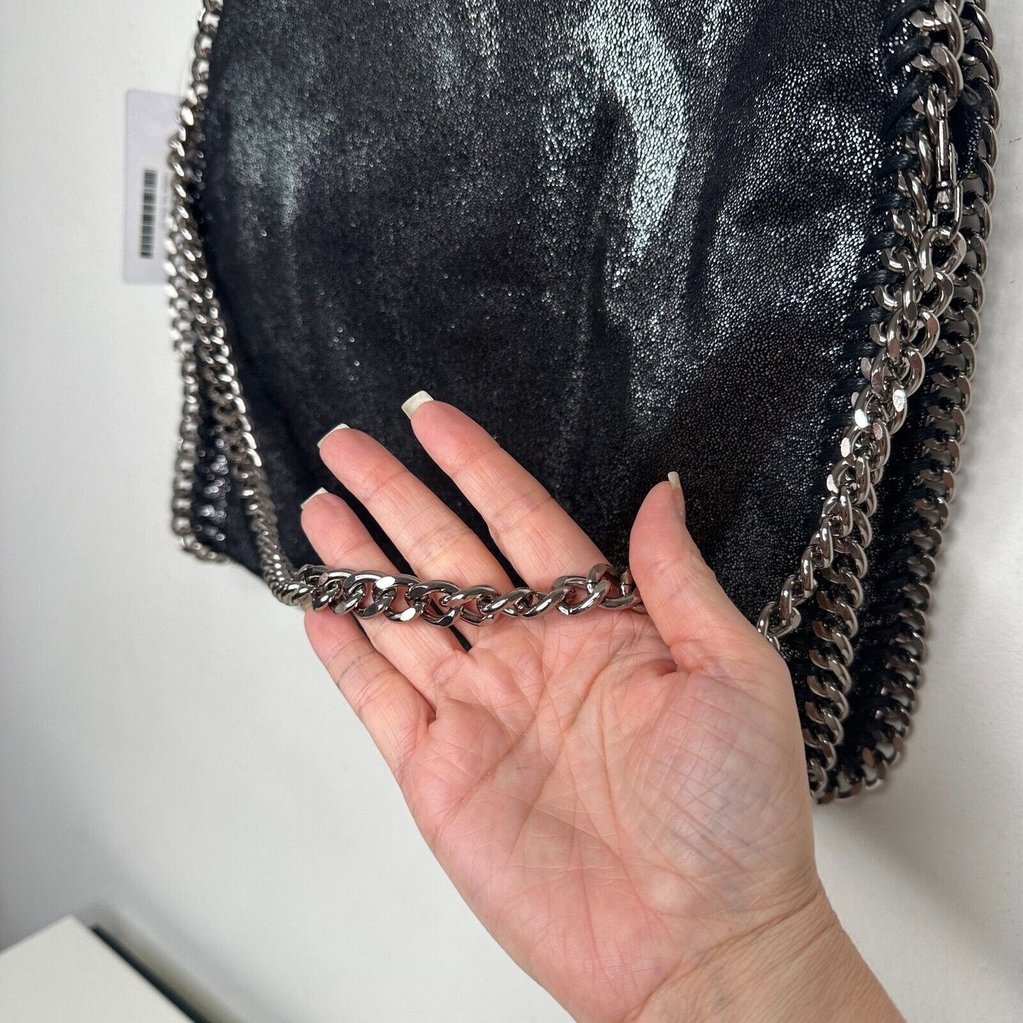 NWT Chic Fabella Style Tote Black Silver Metal Chain Leatherette Zip Snap