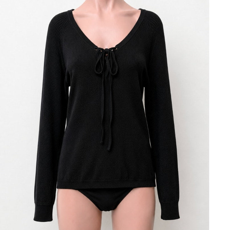 Kontatto Black Long Sleeve Front Tie Lace up V-Neck Long Sleeve Sweater Jumper S