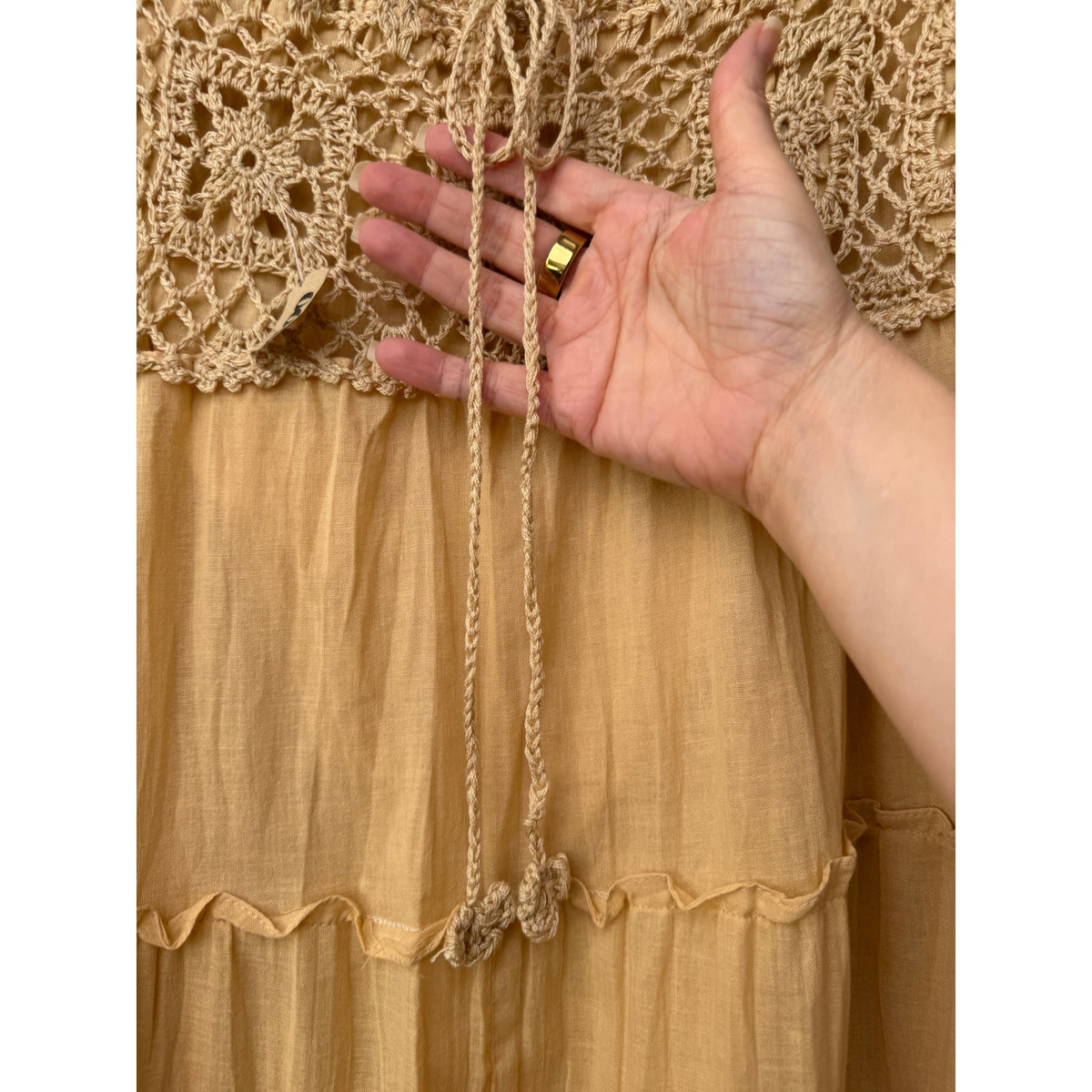 GUC Beige Crochet Waist Cotton Tiered Maxi Skirt Women