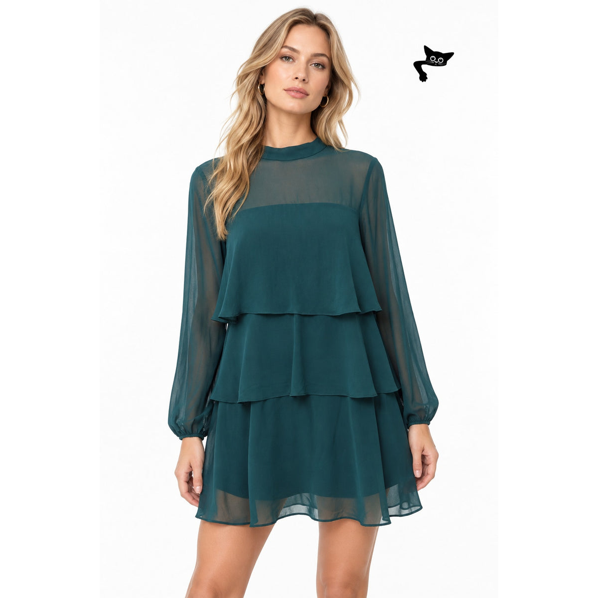 NWT Zara Green Chiffon Tiered Ruffle Long Sleeve Mini Dress Women's US S
