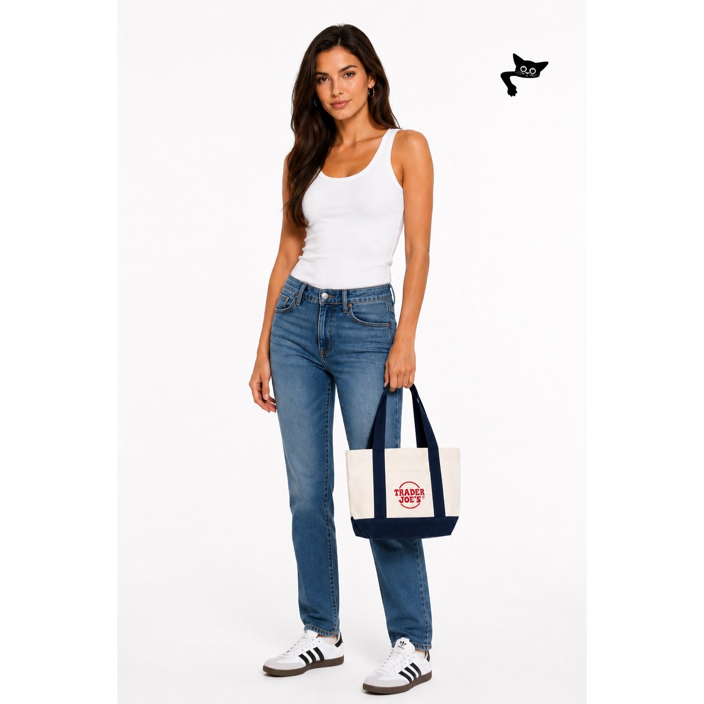 NWT Trader Joe’s Mini Canvas Tote Bag Navy Cream Red Logo Grocery Shopper