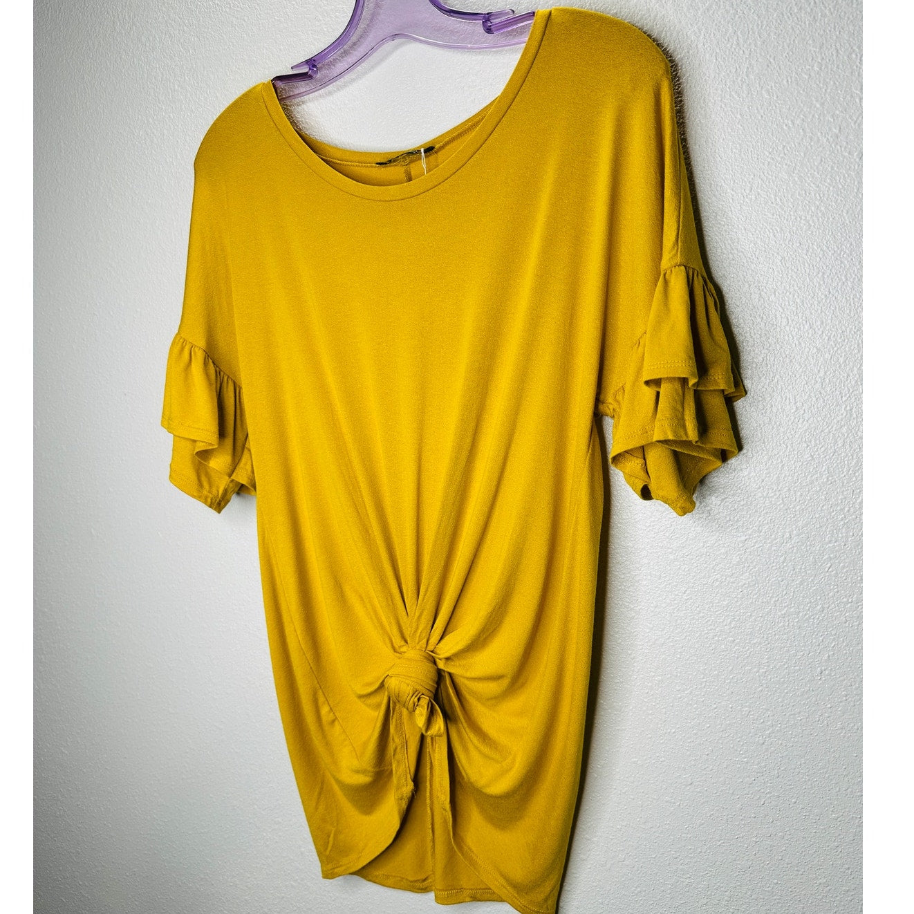 NWT Shop Basic Mustard Yellow round Neck Ruffle Sleeve Front Knot Shirt M