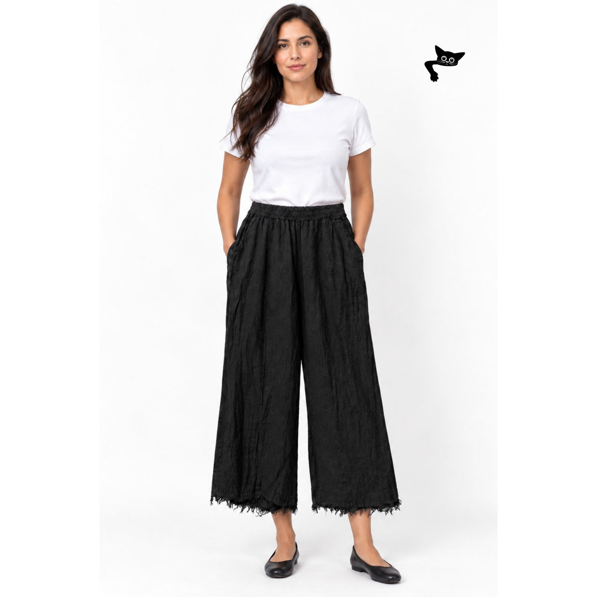 Milio Milano Black Frayed Wide Leg Pants Women M