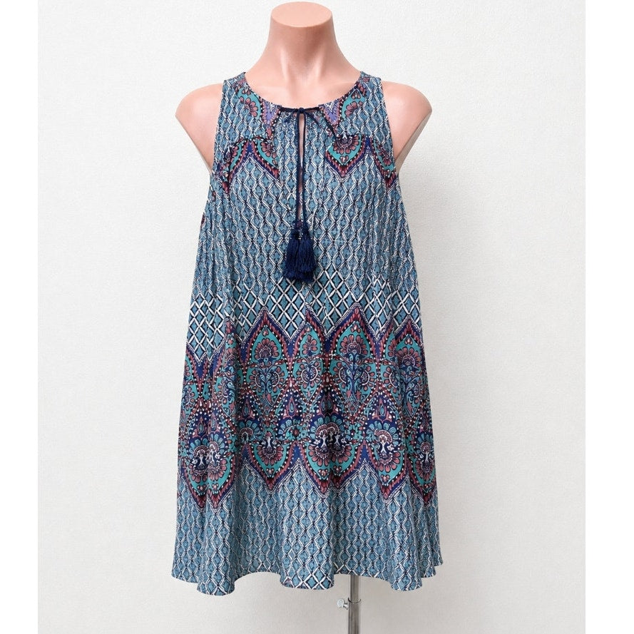Olivaceous Teal Pink Multi Color Paisley Sleeveless Flowy Mini Tie VFront Small