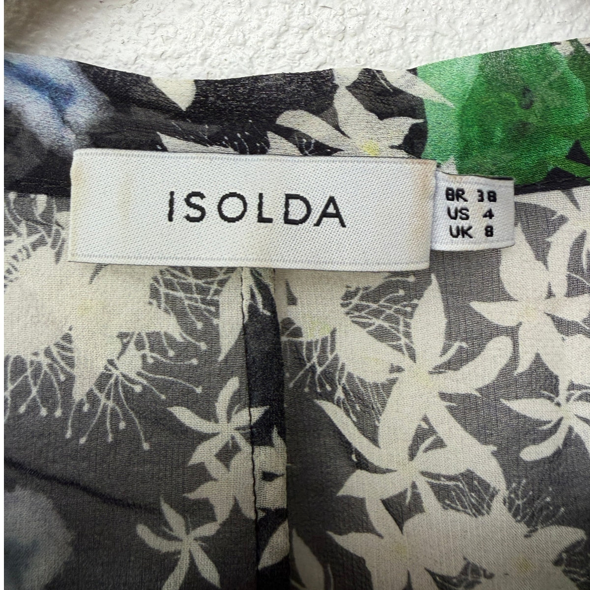 Isolda Silk Floral Tie Neck Sheer Blouse Black Green Women's US M