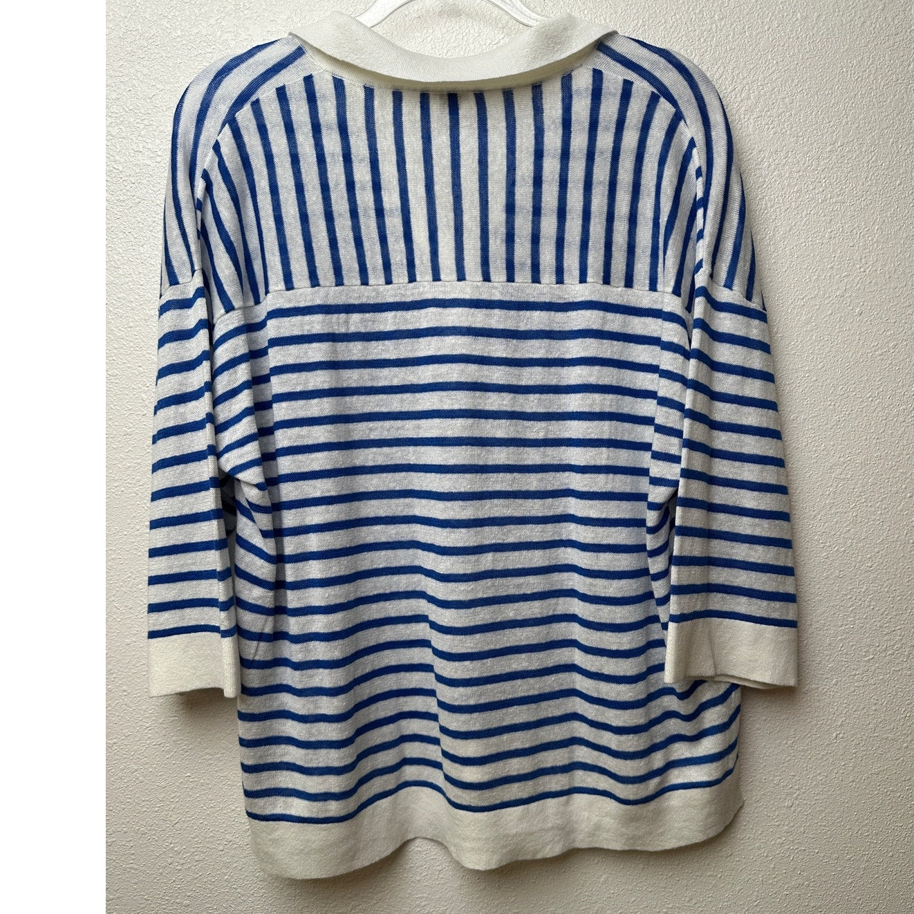 Poetry Ivory Blue Striped Linen Knit Collared V-Neck Boxy Sweater US 12