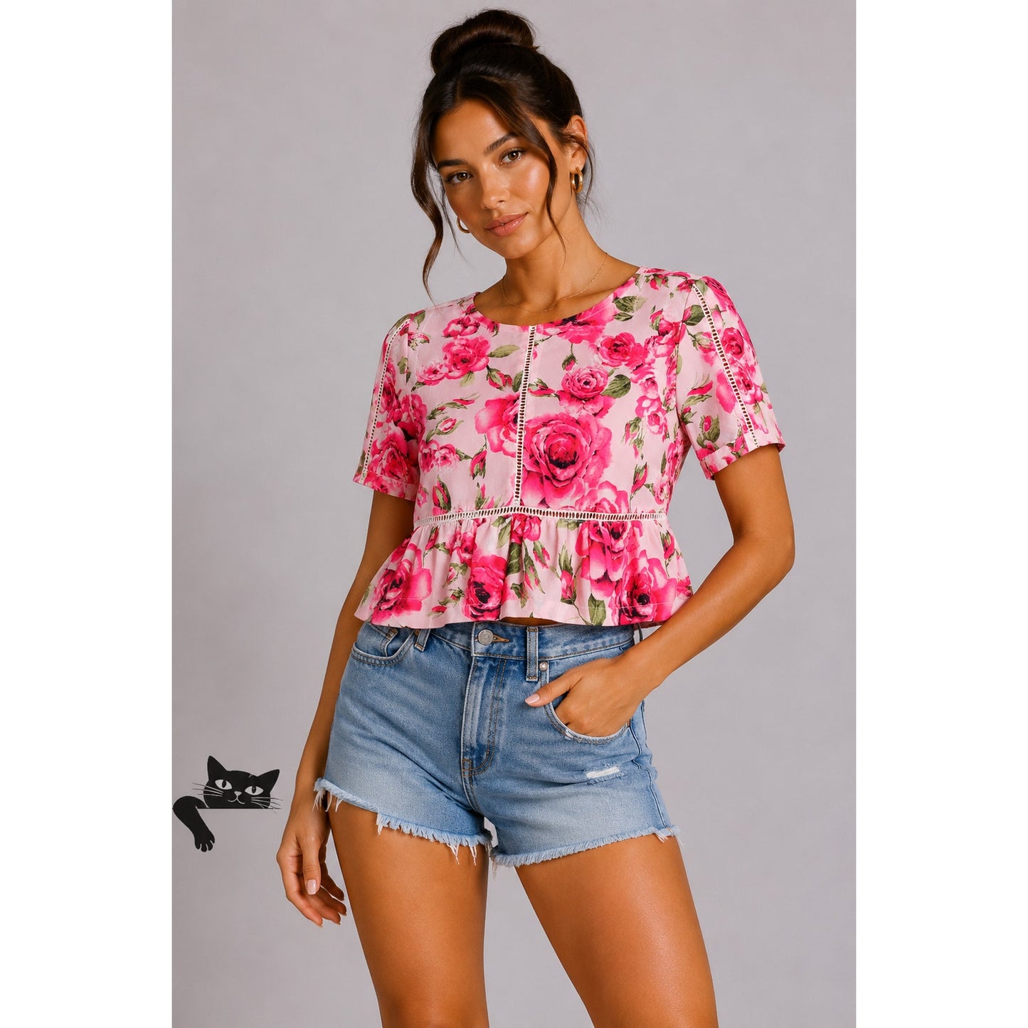 May & July Hot Pink and Green Floral Rose Short Sleeve Peplum Crop Blouse S