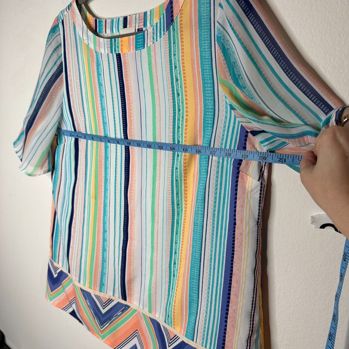 Chico's Aqua Peach and Green White Aztec Striped Boxy Blouse Short Sleeve 1