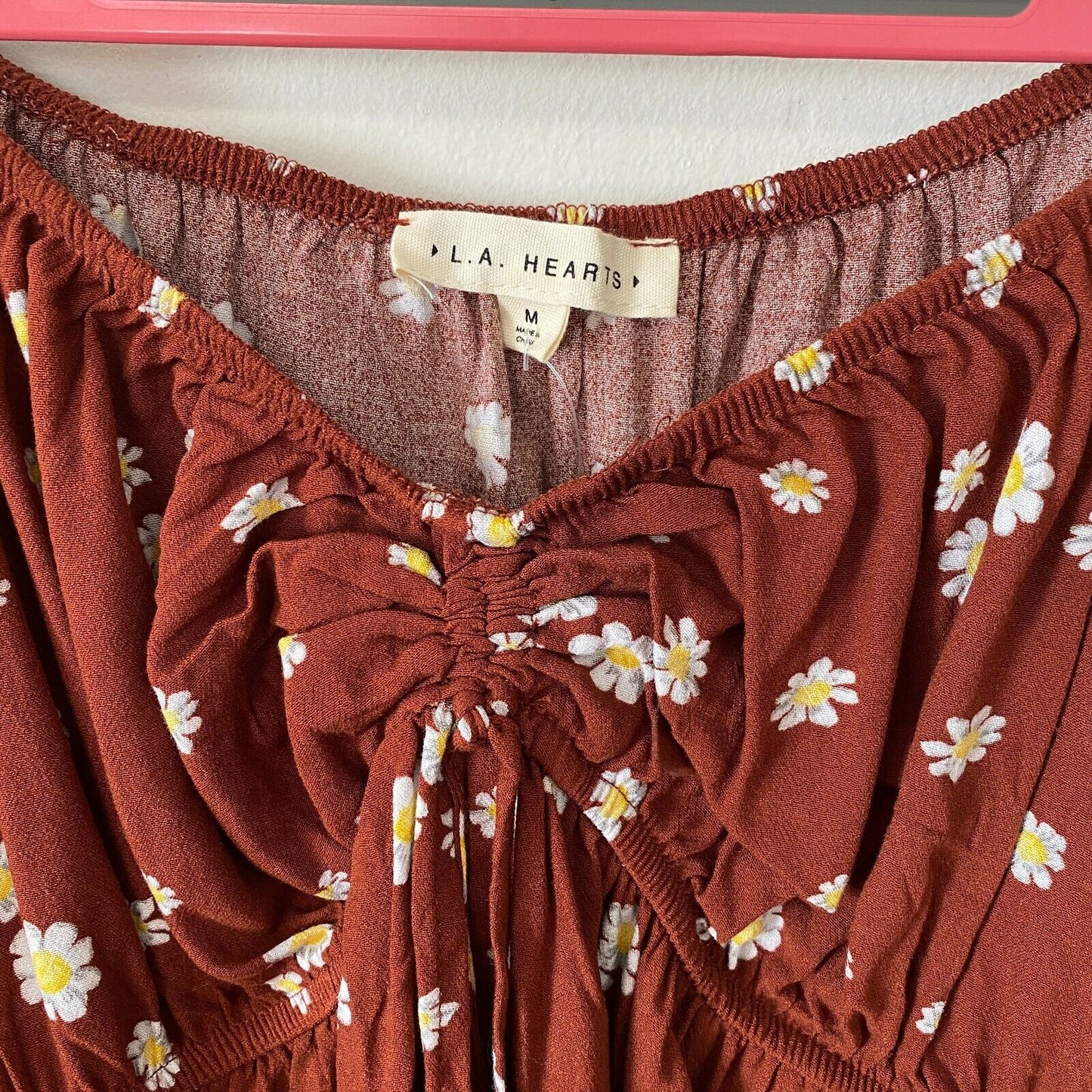 PACSUN Rust Brown with Floral White Yellow Off Shoulder Crop Peasant Top Medium