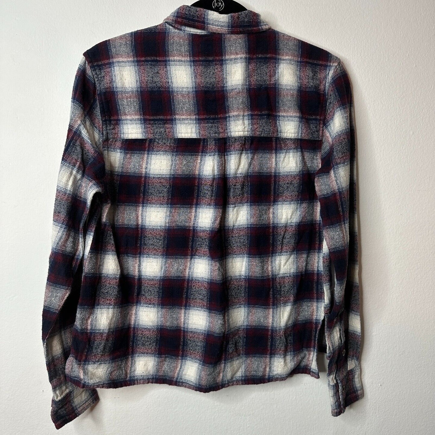 Black Red Blue White Plaid Cropped Long Sleeve Flannel Button Down Shirt M