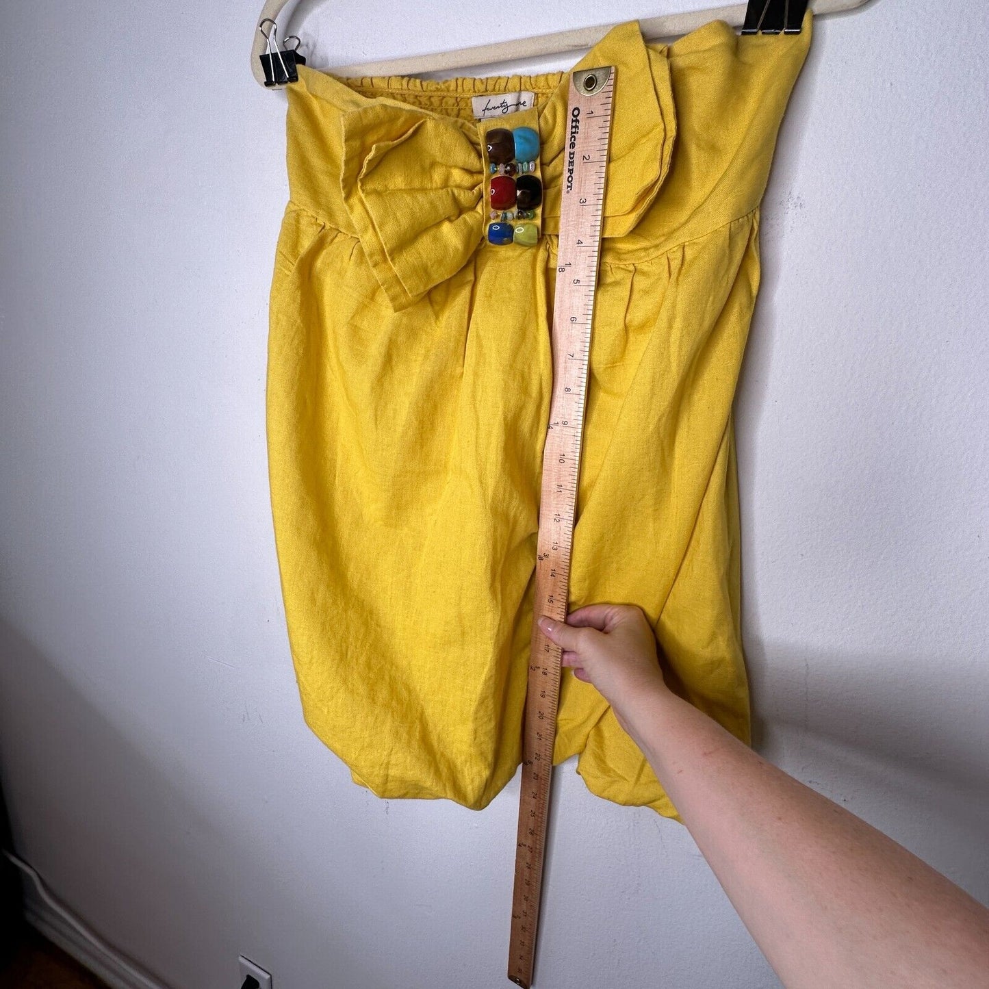 Yellow Linen Sleeveless Blouson Blouse Mini Dress Bead Bow Tie Front S