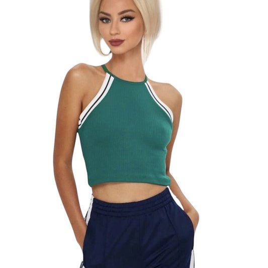 Topshop Cute Green Ribbed Knit White & Black Stripe Trim Halter Neck Crop 10