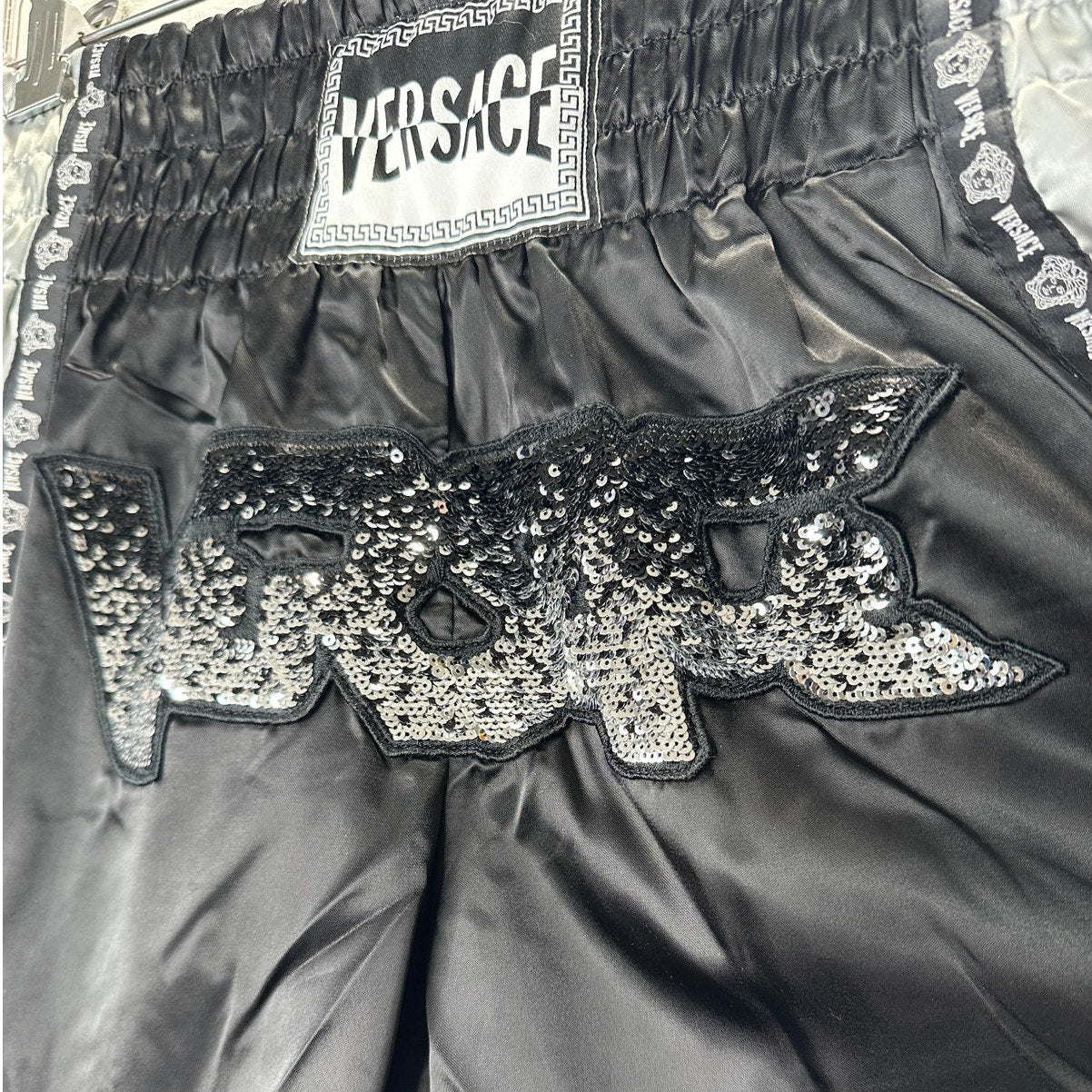 Versace Muay Thai Boxing Shorts Black & Silver Sequin 48 / M
