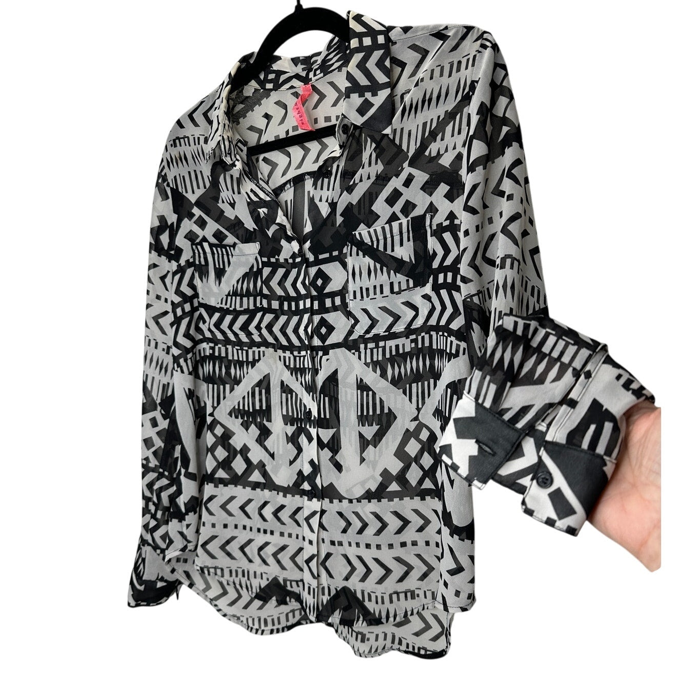 Eight Sixy Black & Gray Aztec Print Sheer Button Long Sleeve Blouse S