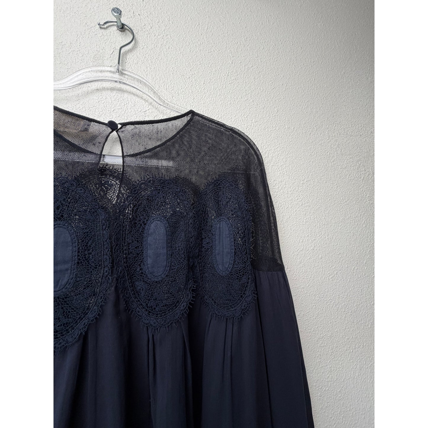 Chloe Womens Navy Lace Mesh Babydoll Blouse US 6