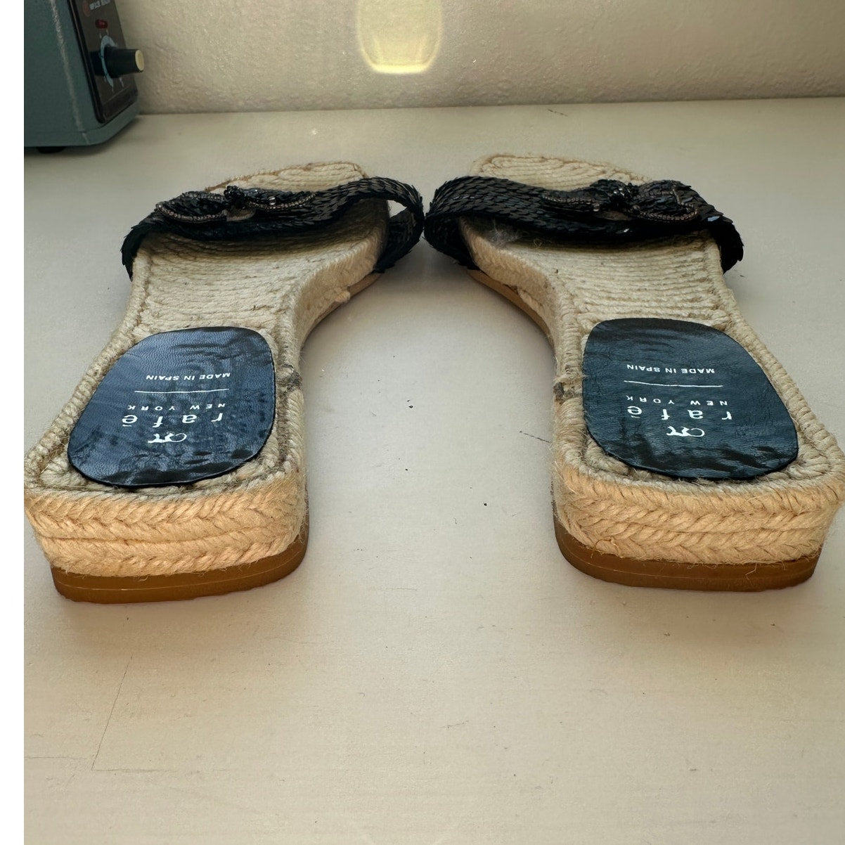Rafe New York Black Sequin Butterfly Espadrille Slide Sandal Shoes 38 / 7.5