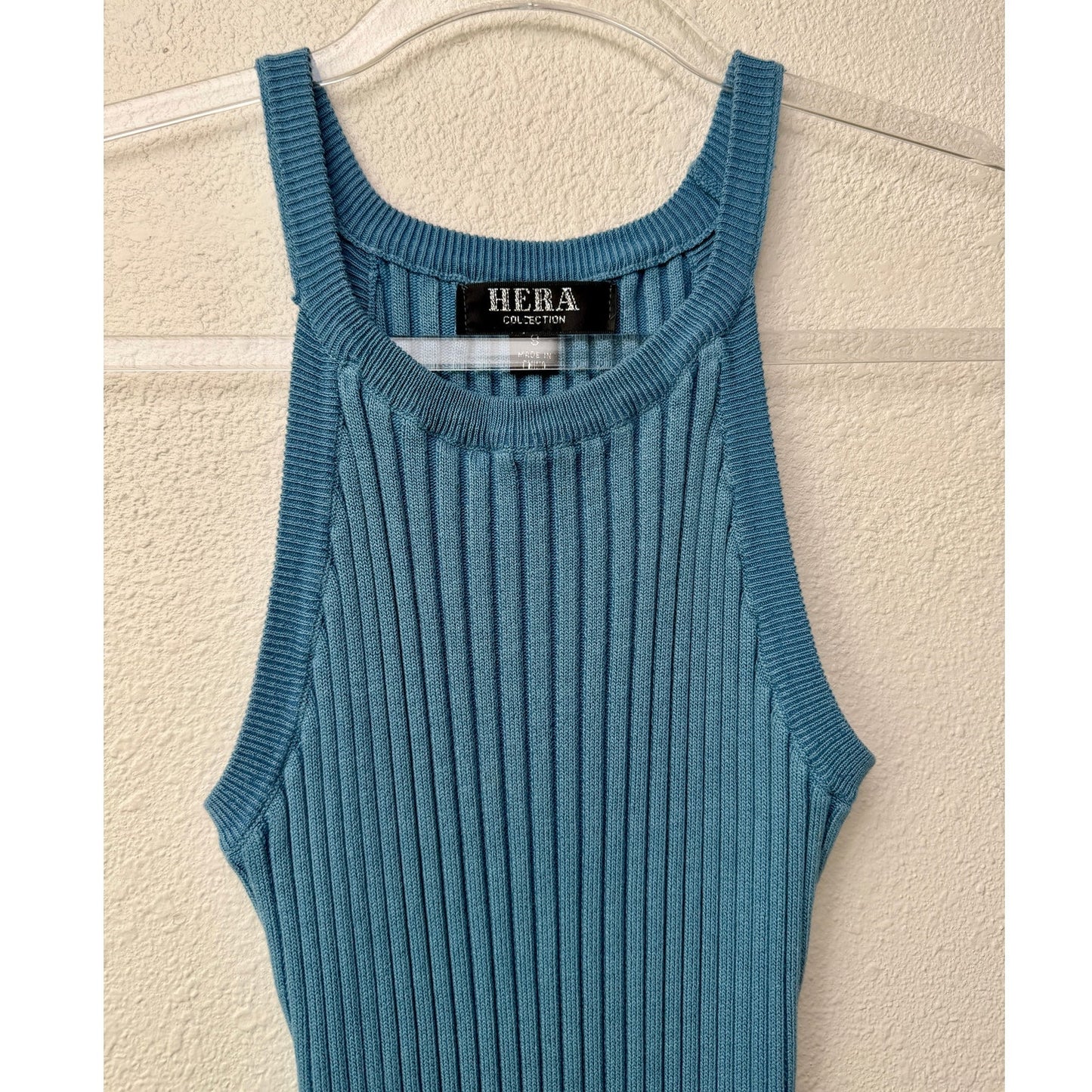 Hera Blue Ribbed Halter Sweater Midi Dress Bodycon Women's S