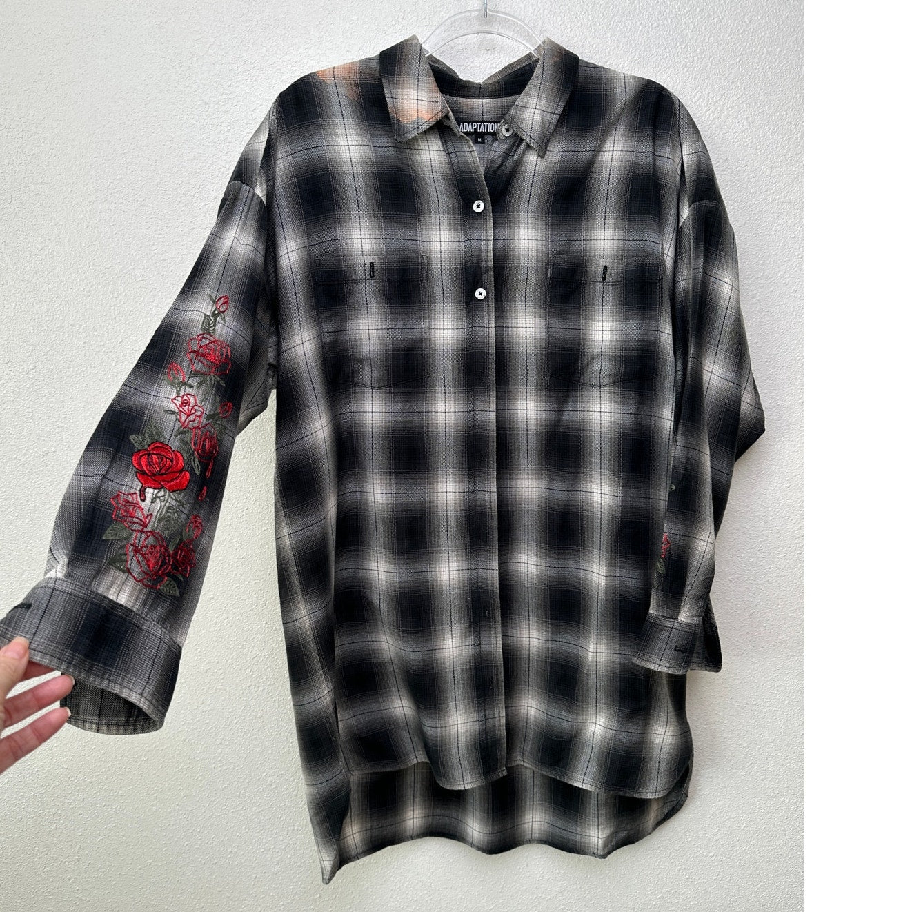 Adaptation Rose Embroidered Plaid Longline Shirt Dress Black White M
