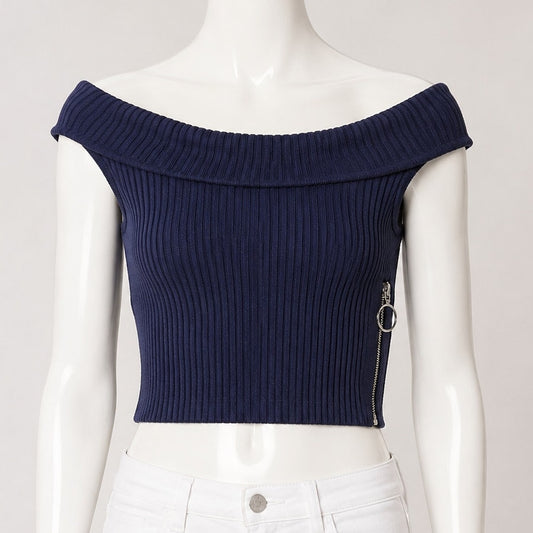 Arc Navy Blue Off Shoulder Ribbed Sweater Silver Side Zip Crop Top P S