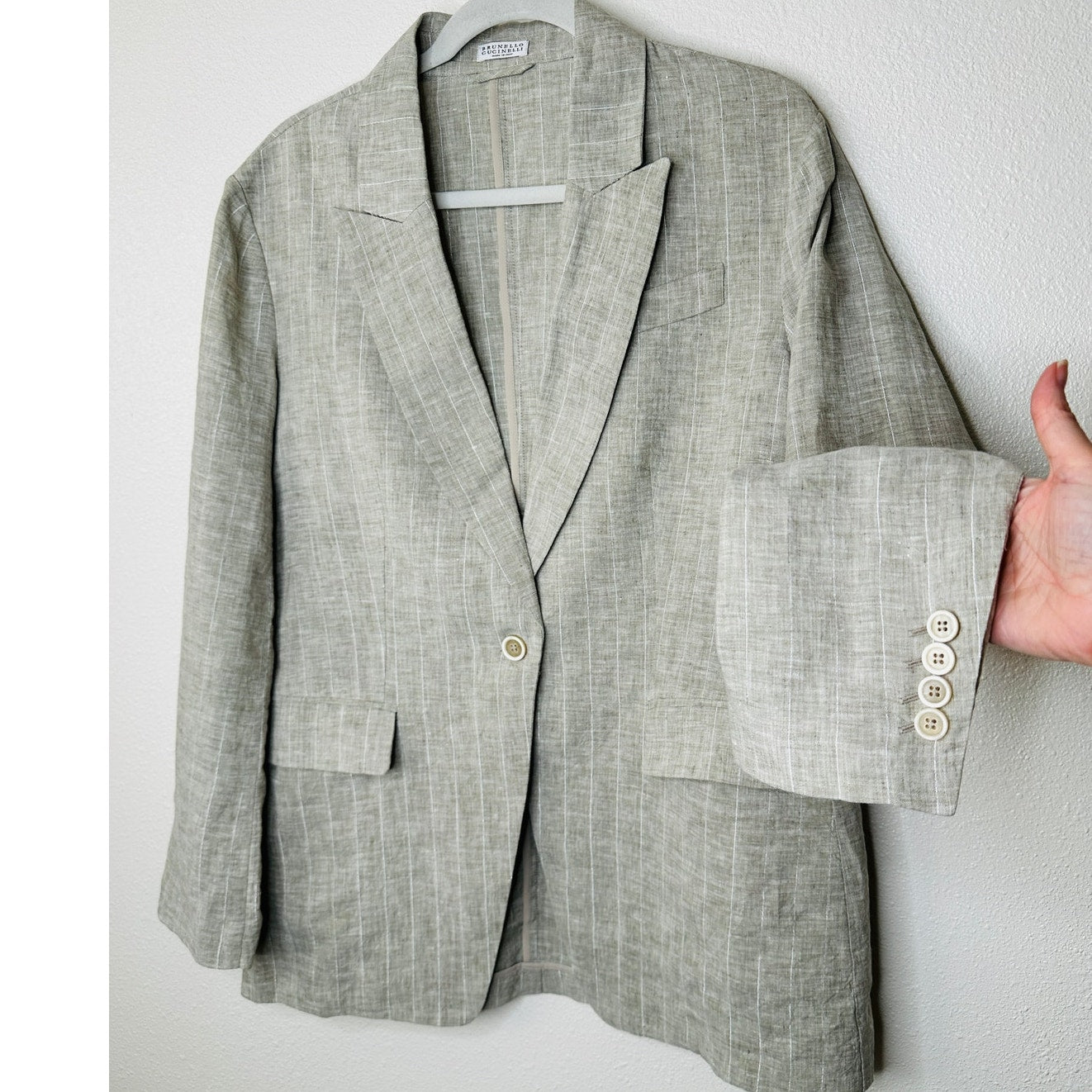 Brunello Cucinelli 100% Linen Beige Silver Stripe Button Blazer 46 / 14