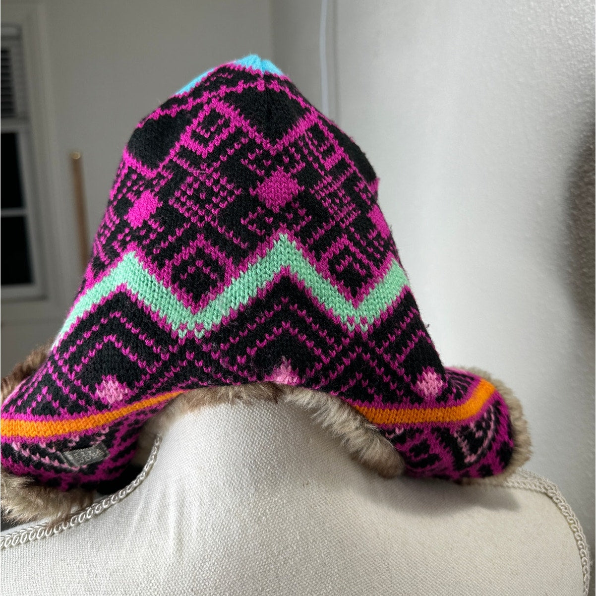 Billabong Pink Black Blue Knit with Faux Fur Trapper Hat OS