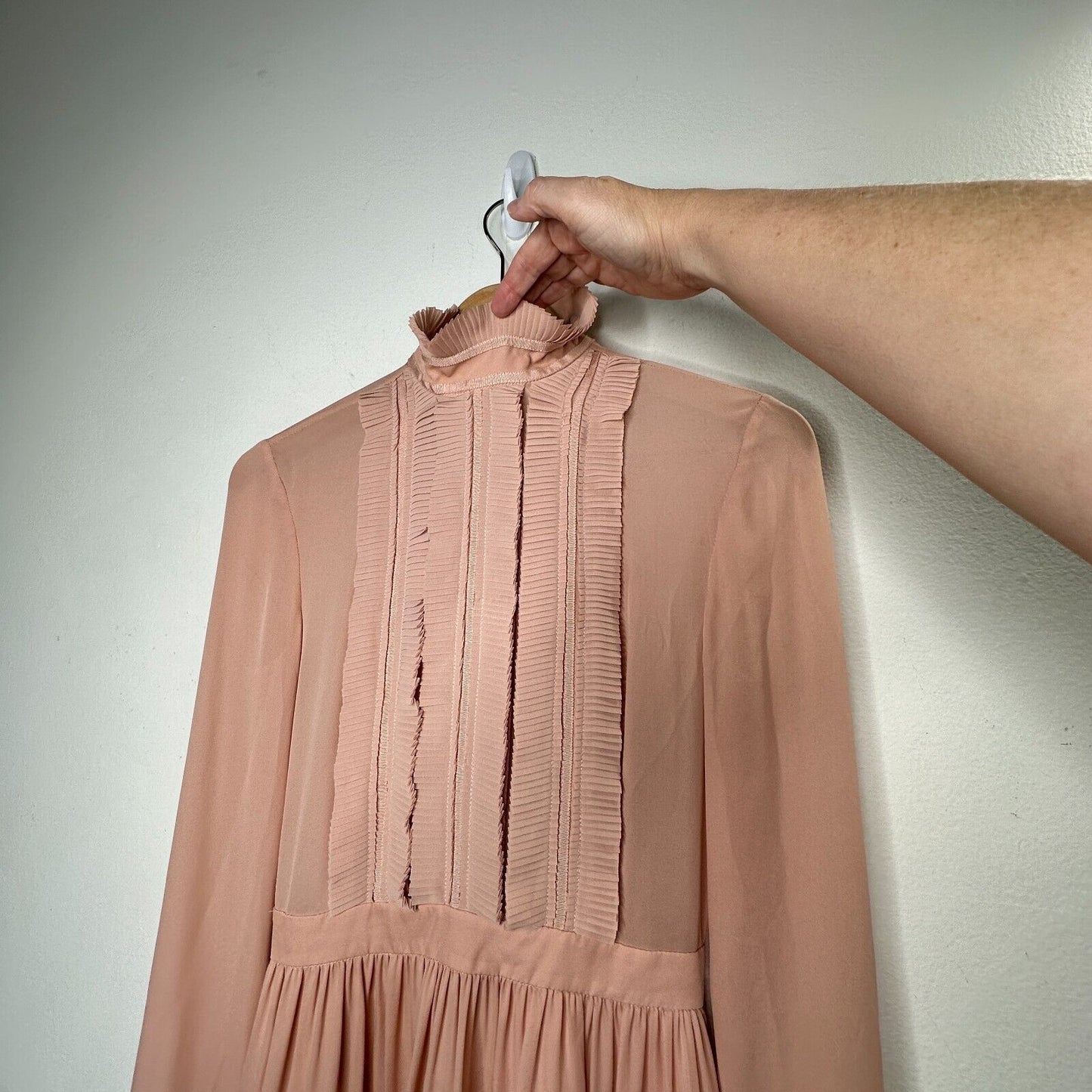 Nicholas Peachy Pink Fine Pleat Silk Long Sleeve Mini Ruffles High Neck Dress 0