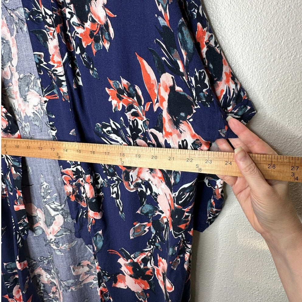 Splendid Navy Orange Ivory Multi Floral Short Sleeve Kimono Duster S