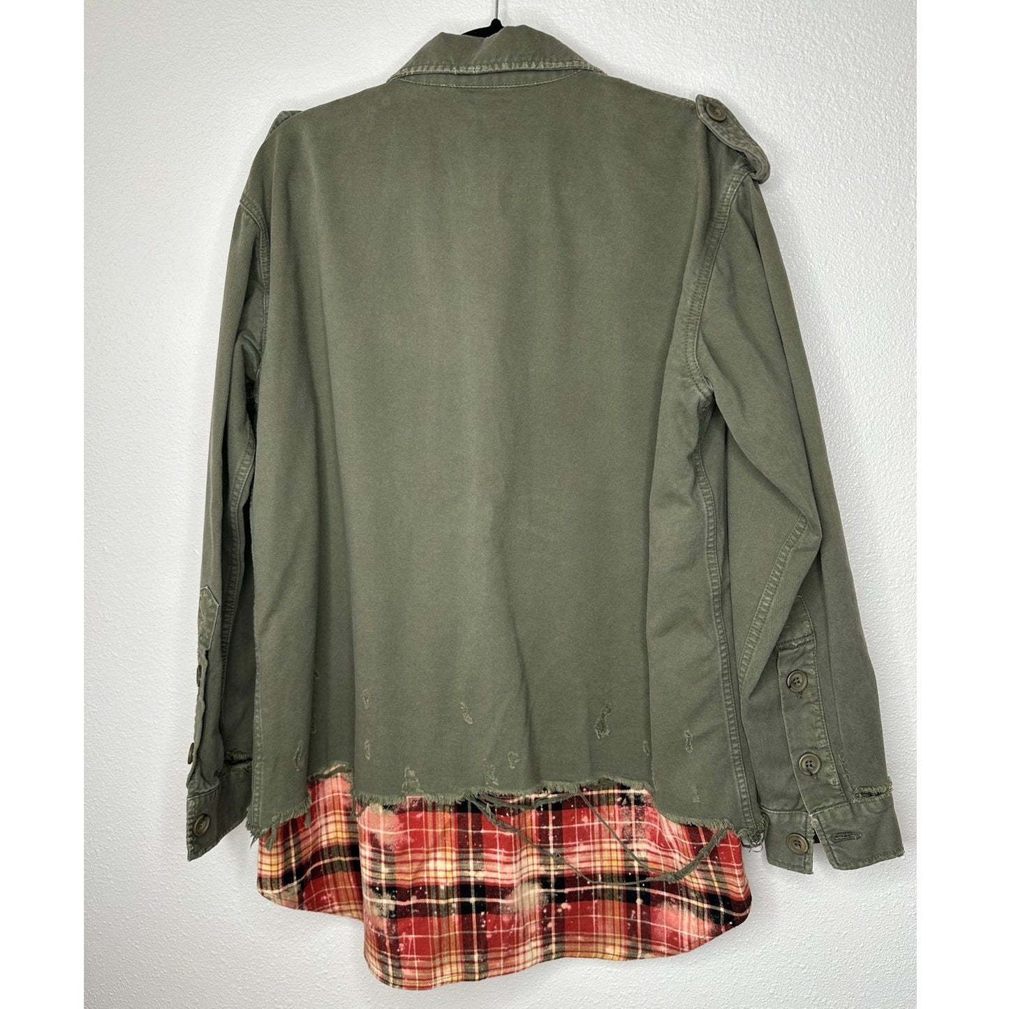 NWT Redemption Handmade Distressed Olive Military Shirt with Plaid Hem 44 / M