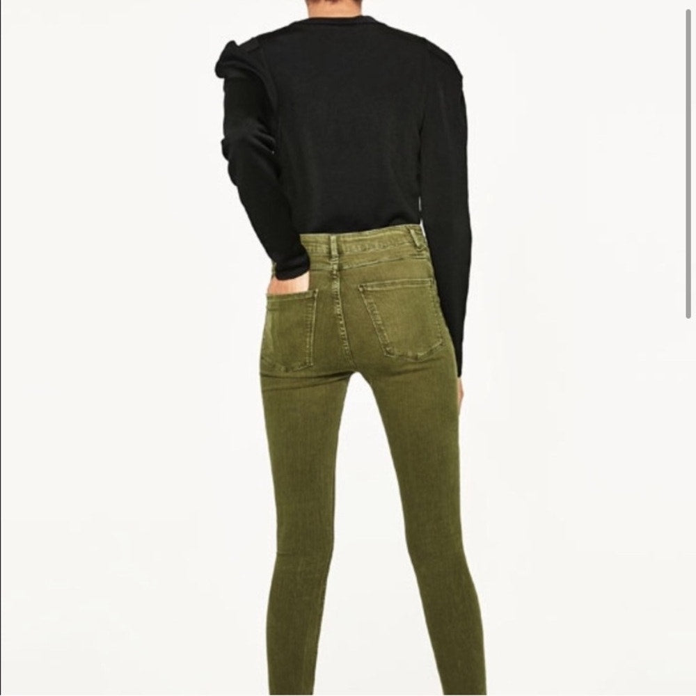 Zara Women Olive Green Button Fly Distressed Knee Skinny Jean High Waist 10