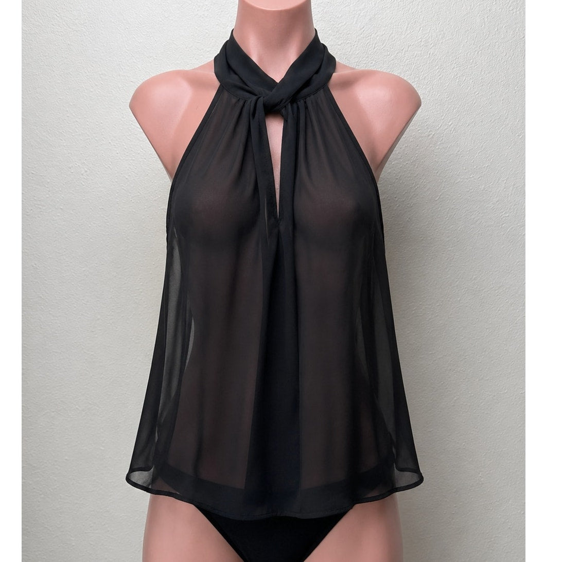 Joie Black Sheer Twist Open Racerback Keyhole High Neck Tank Top S