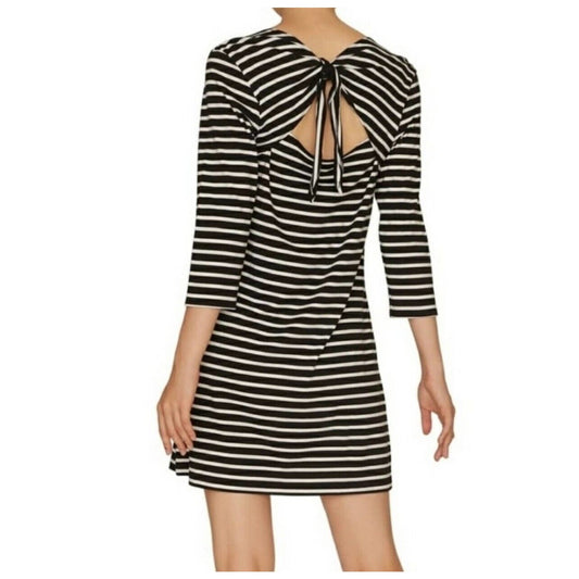 Evereve Sanctuary 3/4 Sleeve Black & White Stripe Open Back Tie Neck Dress XS