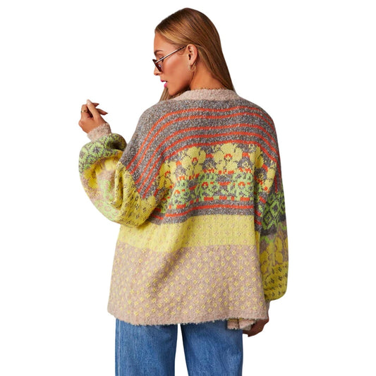 Fate Yellow Tan Gray Multi Floral & Stripe Print Open Front Cardigan XS