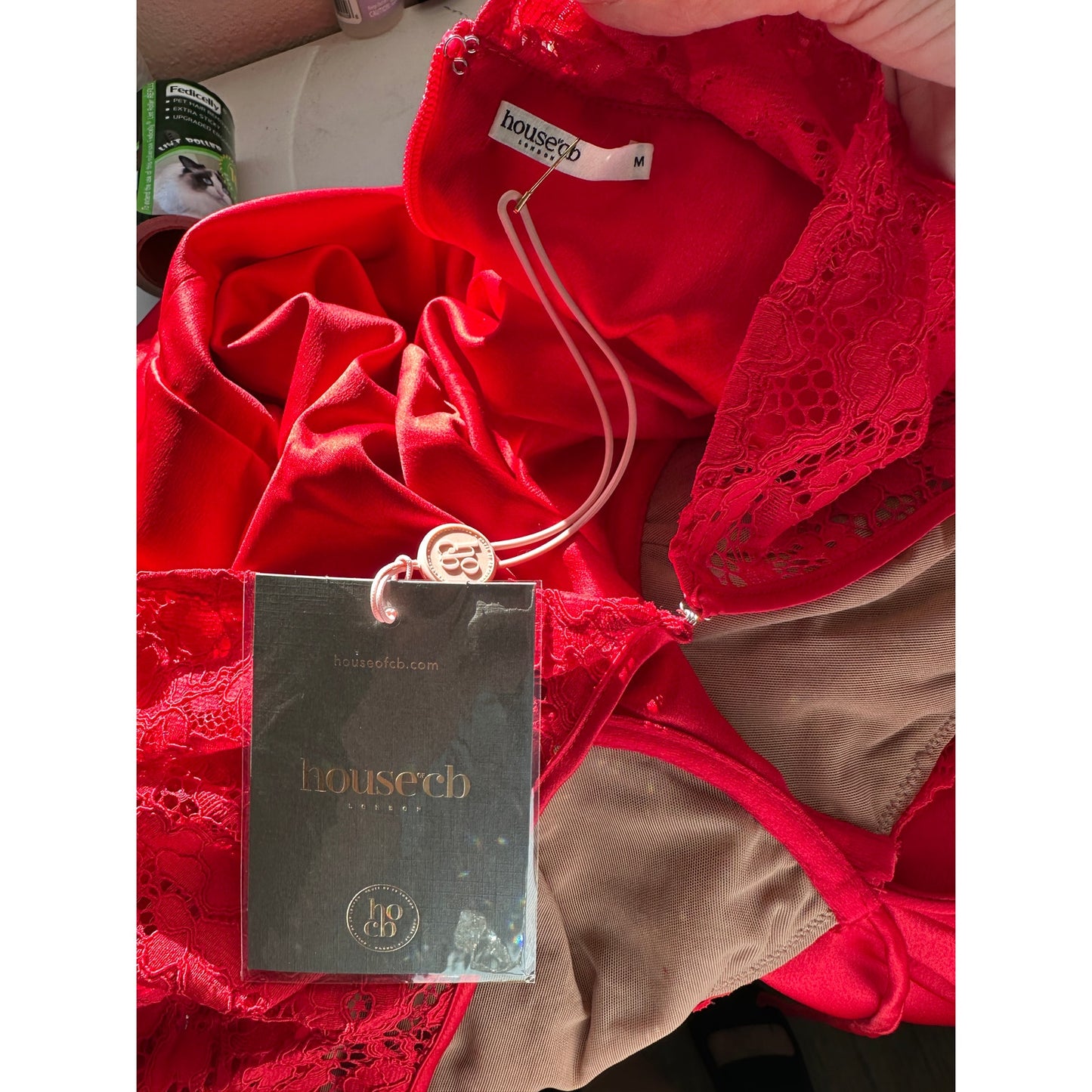 NWT House of CB Jennica Red Lace Sleeve Bustier Satin Mini Dress M
