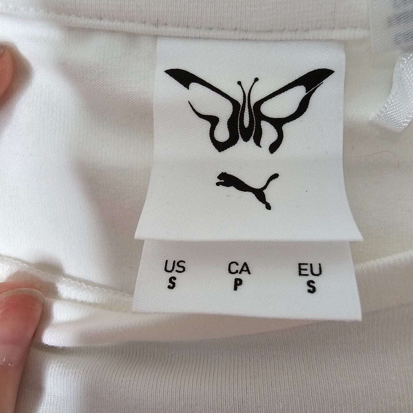 NWOT Puma X Dua Lipa White Babydoll Butterfly Puma Hologram Graphic Crop Tee SM