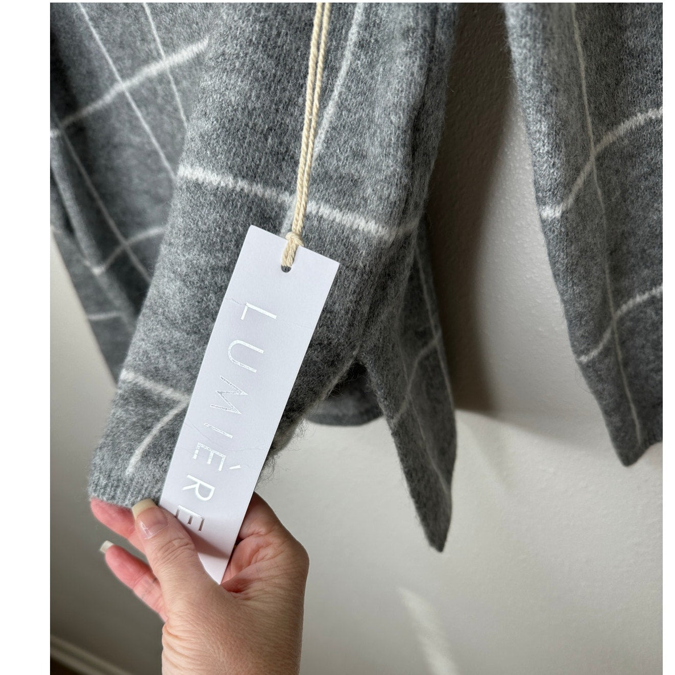 NWT Lumiere Gray & White Windowpane Cowl Neck Sweater S