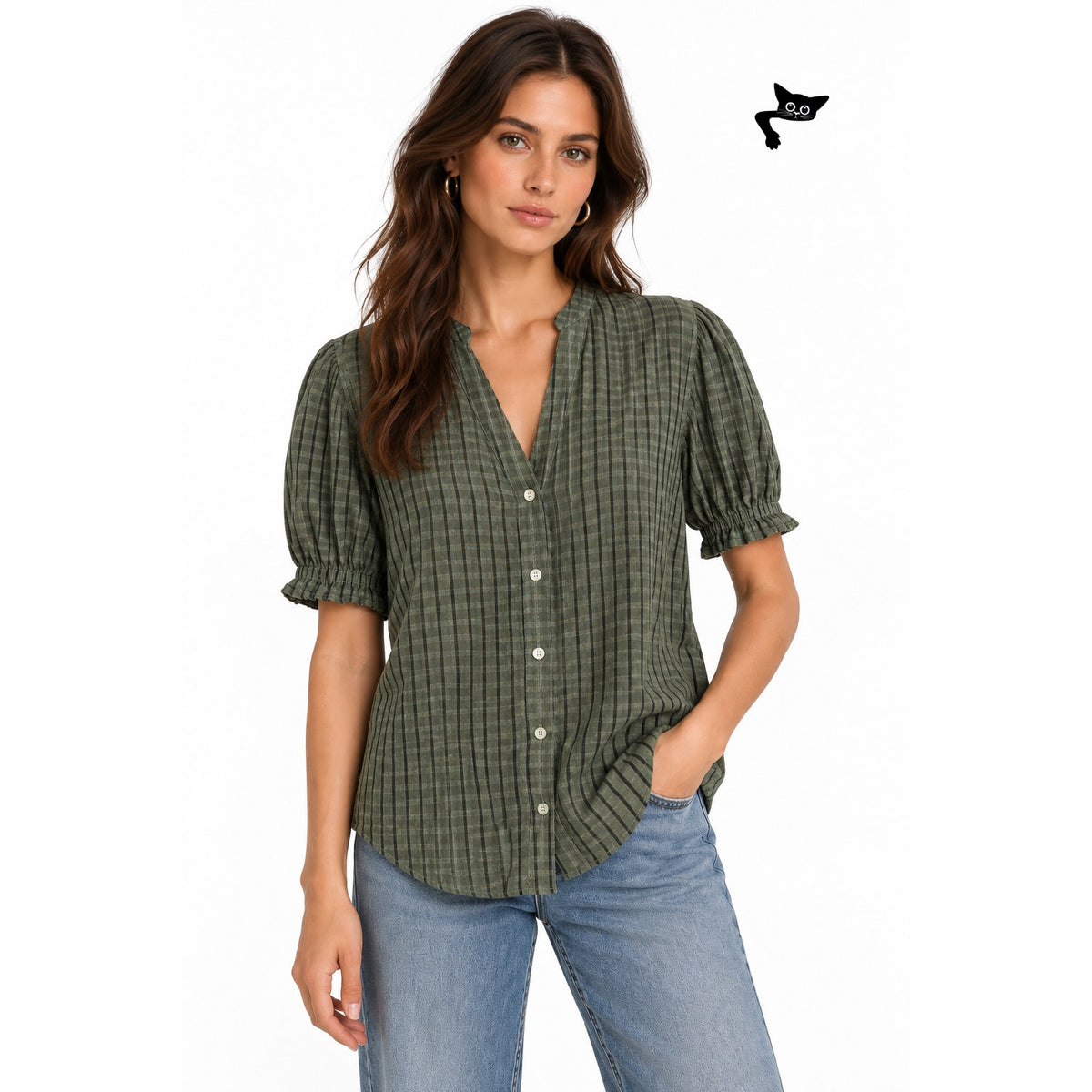 Cloth and Stone Green Plaid Puff Sleeve Linen Buttondown Women's US S
