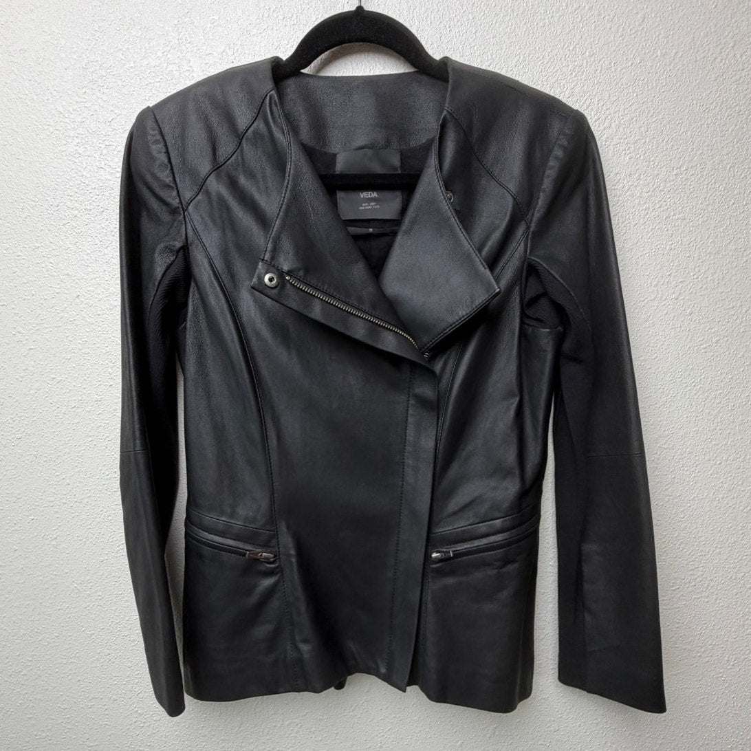 Veda Black Genuine Leather Moto Biker Jacket Women's Medium