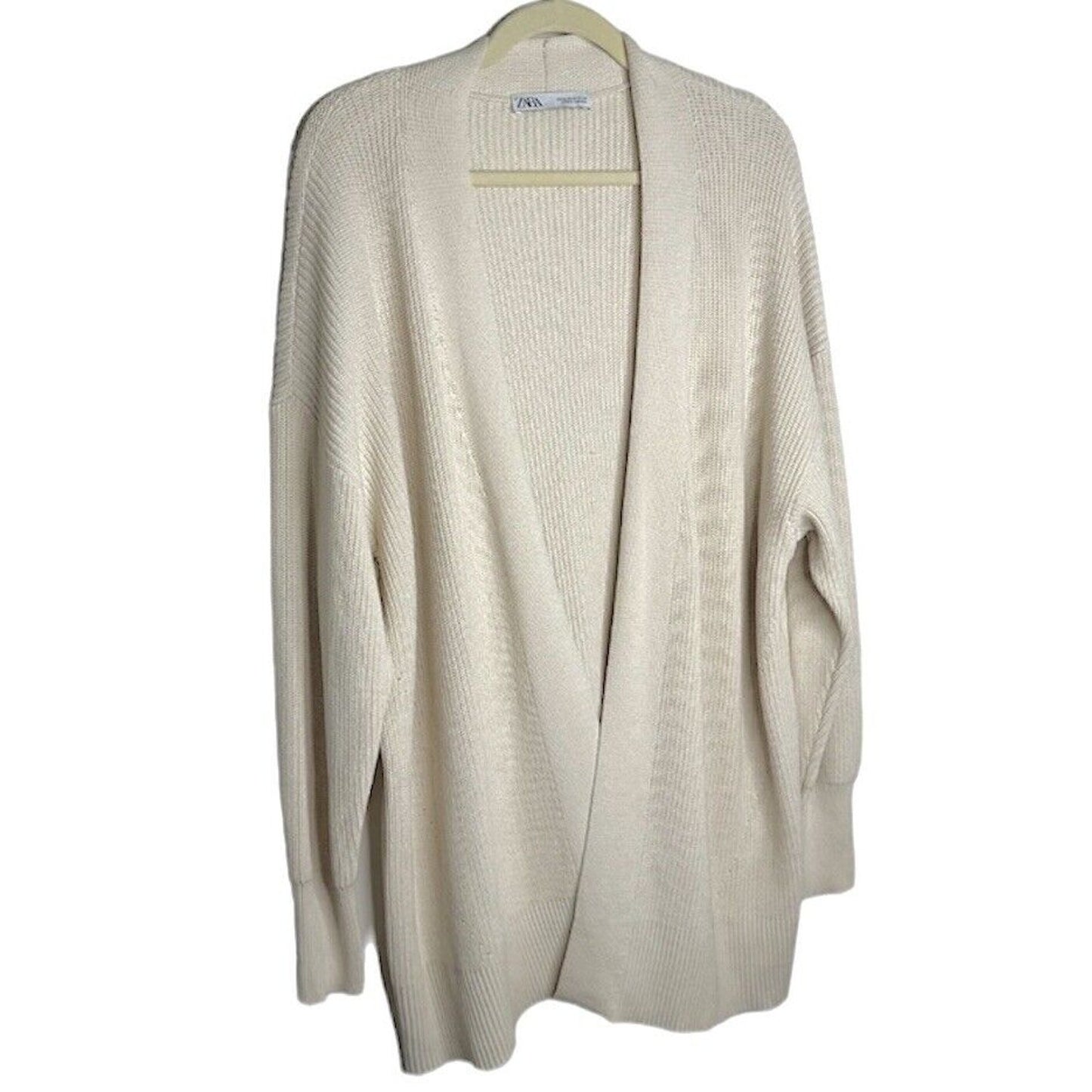 Zara Cream Heavy Ribbed Knit Longline Open Face Cardigan Sweater Ribbed Medium