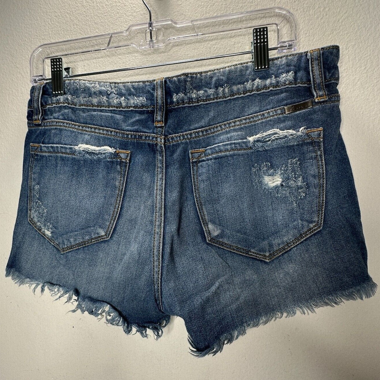 Kancan Medium Blue Wash Mid-Rise Distressed Raw Hem Denim Jean Shorts 28